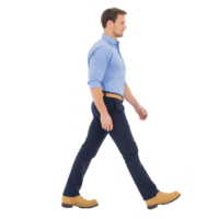 Man in blue shirt and dark pants confidently walks forward, wearing tan shoes. image captures side view, highlighting his determined stride and professional attire png