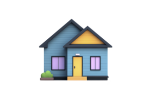 Charming illustration of small blue house with yellow roof and door, featuring pink windows and small garden. design is simple and inviting, perfect for real estate or home related themes png