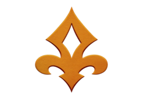 Orange fleur de lis symbol with textured surface, featuring stylized, symmetrical design. emblem is isolated on transparency background, often associated with heraldry and French culture png