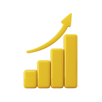 amarelo 3d Barra gráfico com para cima seta simboliza crescimento e sucesso. bares aumentar dentro altura a partir de esquerda para certo, representando positivo progresso e melhoria png