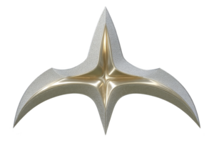 Sleek, futuristic metallic emblem with symmetrical, star like design featuring smooth curves and shiny surface. emblem has three dimensional appearance, suggesting modern or sci fi theme png