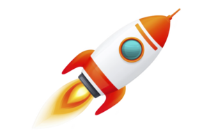 Colorful cartoon rocket with red nose cone, white body, and orange fins, blasting off with fiery trail. design is playful and vibrant, evoking sense of adventure and exploration png