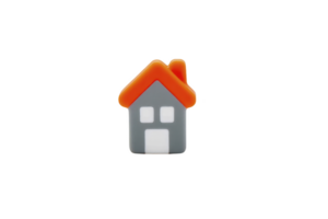 Small, colorful toy house with orange roof and gray walls, featuring simple, playful design. house has white windows and door, creating charming and whimsical appearance png