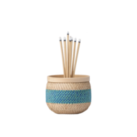 Decorative woven basket with blue accent holds several bamboo sticks with white tips, creating natural and artistic display png
