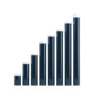 3D bar graph with seven vertical bars of increasing height, representing data growth or progress. bars are dark blue with white tops, set against transparent background png