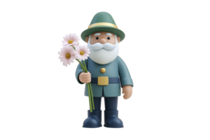 Cartoon gnome in green hat and coat holds bouquet of pink flowers, exuding whimsical charm. character cheerful expression adds playful touch to scene png