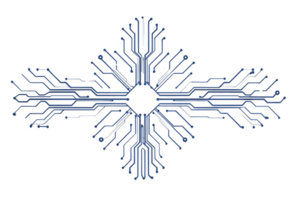 Complex circuit board design forms symmetrical pattern, resembling snowflake. intricate blue lines and connections create futuristic and technological aesthetic png