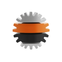 3D rendering of interlocking gears with modern design, featuring metallic silver, orange, and black colors. gears are symmetrically aligned, showcasing industrial and mechanical aesthetics png