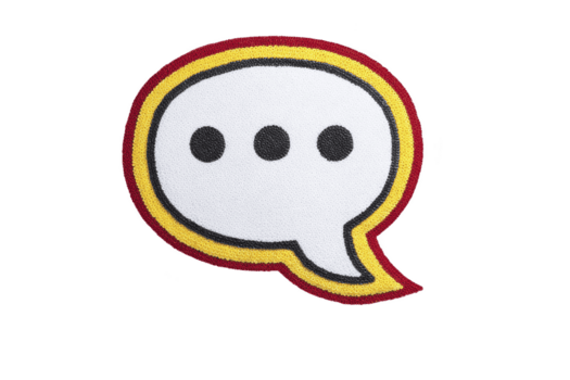 Speech bubble patch with red and yellow border and three black dots in center, symbolizing communication or conversation. design is simple and playful png