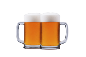 Two frothy mugs of amber beer with handles are placed side by side, showcasing their rich color and inviting appearance. foam on top adds refreshing touch png