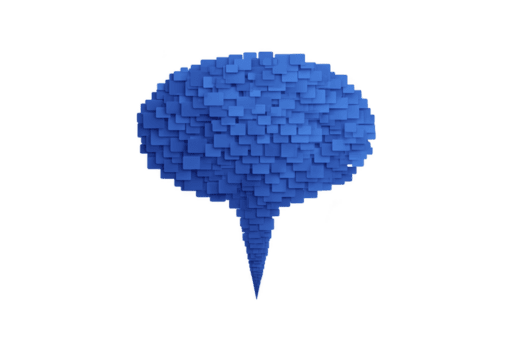 3D illustration of blue speech bubble composed of stacked square tiles, creating modern and abstract design. vibrant blue color adds dynamic and engaging visual effect png