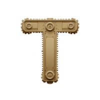 Steampunk inspired letter T design featuring intricate gears and mechanical elements, showcasing metallic and industrial aesthetic. letter is rendered bronze color, emphasizing its vintage png