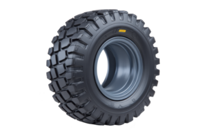 Large, rugged off road tire with deep treads designed for heavy duty vehicles, showcasing durability and strength. tire is black with robust, industrial appearance, suitable for challenging png