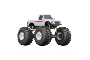 Large monster truck with oversized tires and white body featuring red stripes, designed for off road and competitive events. vehicle suspension is prominently displayed, highlighting its rugged png