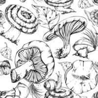 Bolete cep russula suillus mushroom fungi with autumn leaves pine needles snails, forest harvest. Seamless pattern hand drawn in ink. Scrapbooking decoupage origami, farmers market wrapping vector