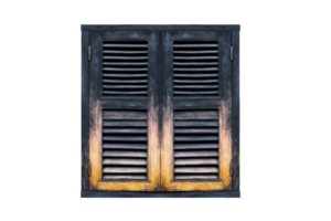 Rustic wooden window shutter with weathered appearance, featuring horizontal slats and gradient of dark blue to warm orange tones, creating vintage and cozy feel png