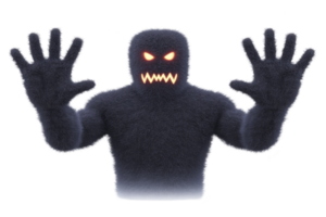 Menacing, shadowy figure with glowing red eyes and sharp teeth raises its hands in threatening gesture, creating sense of fear and mystery png