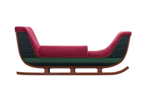 Vintage wooden sleigh with red cushioned seats and classic design, perfect for winter decoration or holiday themes. sleigh features sturdy frame and elegant curves, evoking nostalgic and festive png