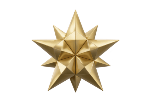 3d geometrico stella con metallico oro finire, con affilato, simmetrico punti e riflessivo superficie, impostato contro pianura sfondo. design è moderno e elegante png