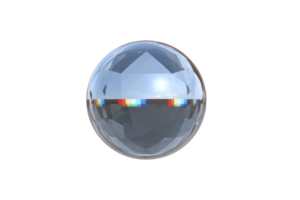 Transparent, faceted crystal sphere reflects light, creating rainbow effect across its surface. geometric design and clear material give it modern, elegant appearance png