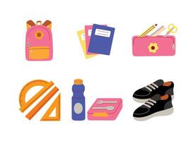 Backpack, Exercise Books, Pencil Case, Rule, Lunchbox, Shoes Colorful Illustration vector