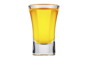 Clear glass shot glass filled with golden liquid, likely type of alcoholic beverage, stands against transparency background. vibrant color and transparency of glass highlight drink rich hue png