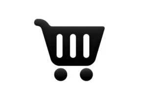 Shopping cart icon in black silhouette on transparent background, symbolizing online shopping and retail. simple design features cart with wheels and handle, commonly used in e commerce platforms png