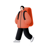 Person in red jacket and black pants is walking with large backpack, conveying sense of adventure and exploration. illustration is simple and modern png