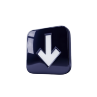 Glossy 3D download icon with white arrow pointing downwards on dark blue square background, reflecting light. design is modern and sleek, suitable for digital interfaces png