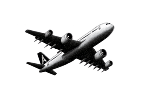Detailed illustration of large passenger airplane in flight, showcasing its engines and wings. monochrome style adds classic touch, emphasizing aircraft design and structure png