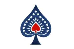 Blue spade symbol with intricate white patterns and red heart in center, creating striking contrast. design is bold and artistic, often associated with card games and symbolism png
