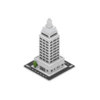 Modern, minimalist isometric illustration of gray office building with multiple floors, surrounded by road and small green tree, conveying urban architecture png