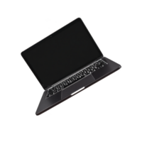 Sleek black laptop with open screen and illuminated keyboard, floating against transparency background, showcasing modern technology and design png