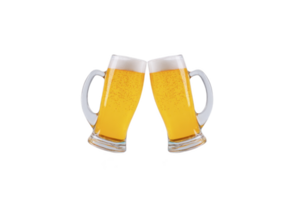 Two frothy beer mugs clinking together, filled with golden beer, symbolize celebration and camaraderie. transparent background highlights vibrant color and bubbles, enhancing festive mood png