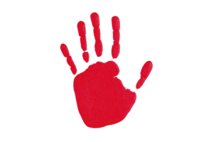 Vibrant red handprint on transparency background symbolizes creativity and expression. bold color contrasts sharply with dark backdrop, creating striking visual impact png