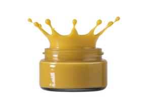 Jar of vibrant yellow paint splashes energetically, creating crown like effect above container. dynamic motion and bright color convey creativity and excitement png