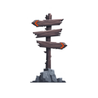 Wooden signpost with three directional arrows stands on rocky base, featuring rustic design and weathered texture, ideal for fantasy or adventure themes png