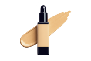 Bottle of liquid foundation with dropper cap is displayed against background of beige foundation smear, highlighting its smooth texture and creamy consistency png