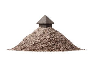 Small house made of sand sits atop mound of sand, symbolizing fragility and creativity. structure is simple yet intriguing, evoking sense of impermanence and artistic expression png