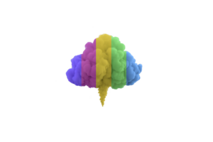 Colorful cloud shaped like brain with spiral base, featuring vibrant hues of purple, blue, green, yellow, and pink, symbolizing creativity and imagination png