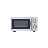 Silver microwave oven with sleek design features digital display and control knobs, ideal for modern kitchens. compact appliance is perfect for quick heating and defrosting tasks png
