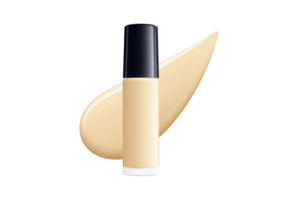 Sleek bottle of liquid foundation with smooth beige smear in background, showcasing creamy texture and elegant design. Perfect for beauty and makeup enthusiasts png