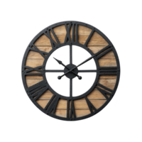 Rustic wall clock with Roman numerals and wooden background, featuring black metal frame, adds vintage touch to home decor png