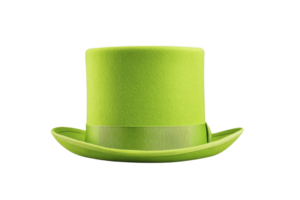 Vibrant green top hat with wide brim and smooth texture, perfect for festive occasions or costume parties. hat bright color adds playful and whimsical touch to any outfit png