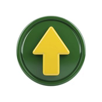 3D yellow arrow pointing upwards is centered on green circular button, symbolizing direction or progress. design is simple and modern, with glossy finish png
