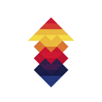 Vibrant geometric arrow composed of layered triangles in shades of yellow, orange, red, and blue, creating dynamic and modern design. gradient effect adds depth and movement png