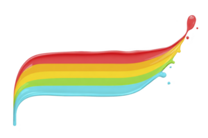 Vibrant splash of rainbow colored paint flows dynamically, showcasing spectrum of red, orange, yellow, green, and blue hues. fluid motion and bright colors create lively and artistic expression png