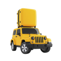 Yellow SUV with large suitcase on its roof, symbolizing travel and adventure. vibrant color and unique setup create playful and adventurous vibe png