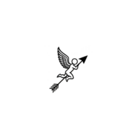 Winged creature holding arrow is depicted in minimalist black silhouette, conveying sense of motion and mystery. design is simple yet striking, with focus on dynamic pose of creature png