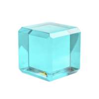 Transparent blue glass cube with beveled edges reflects light, creating modern and elegant appearance. geometric shape and clear material give it sleek, contemporary look png